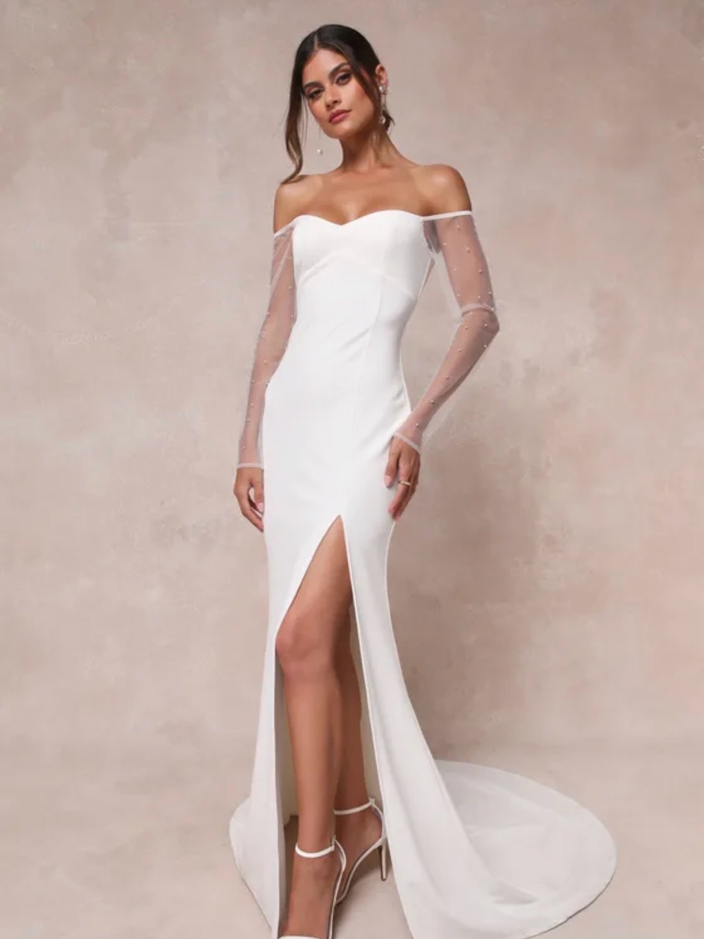 Eternally Beloved White Mesh Off-The-Shoulder Pearl Maxi Dress